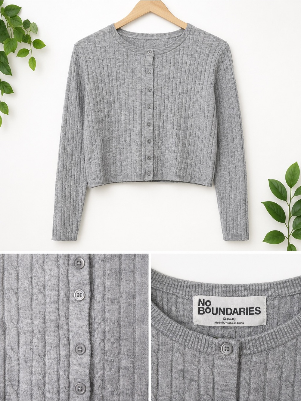 No Boundaries Gray Ribbed Button-Up Cropped Cardigan